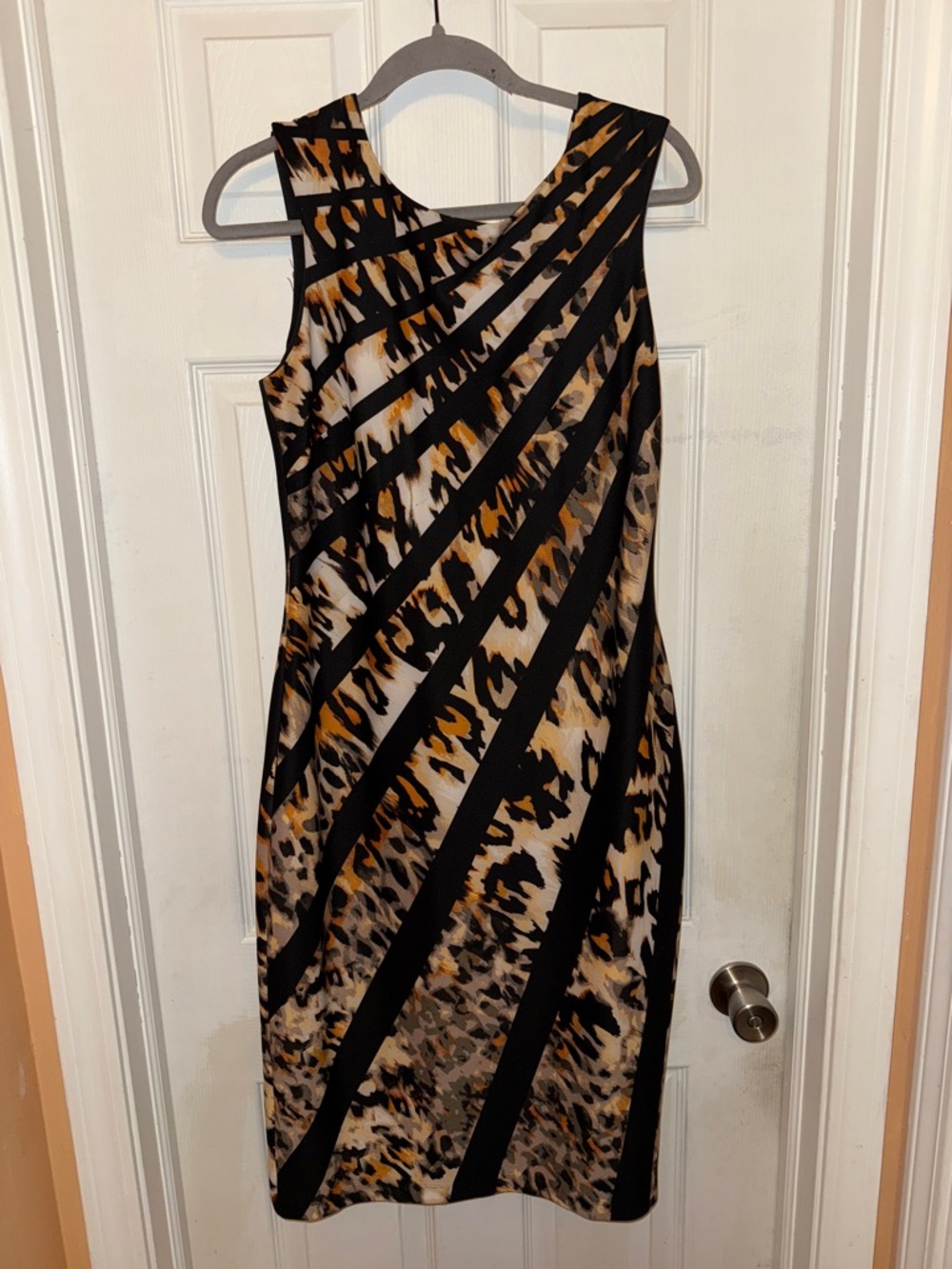 Sleeveless Animal Print Sheath Dress - Black & Tan Size 12